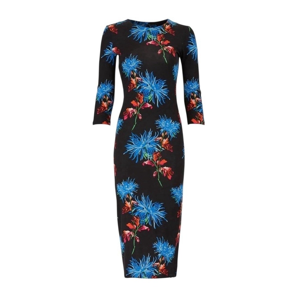 Diane Von Furstenberg DVF Black Blue Floral Silk Jersey Classic Midi Dress Med